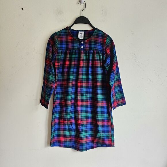 Lands End Girls Flannel Nightgown Deep Sea Navy Festive Plaid Long Sleeve Sz 10 - Picture 1 of 6